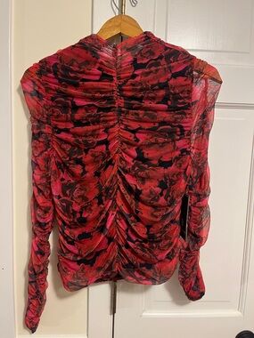 bagatelle Red and Black Ruched Floral Sheer Blouse